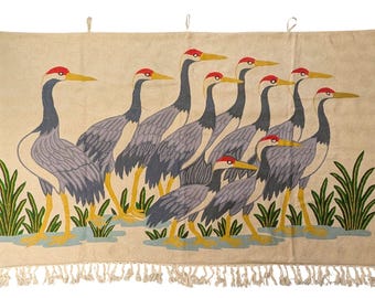 5x3 Feet Handmade Wool Crane Tapestry, Wall Hanging Art, Bird Decor, Nature-Inspired Kashmir Rug