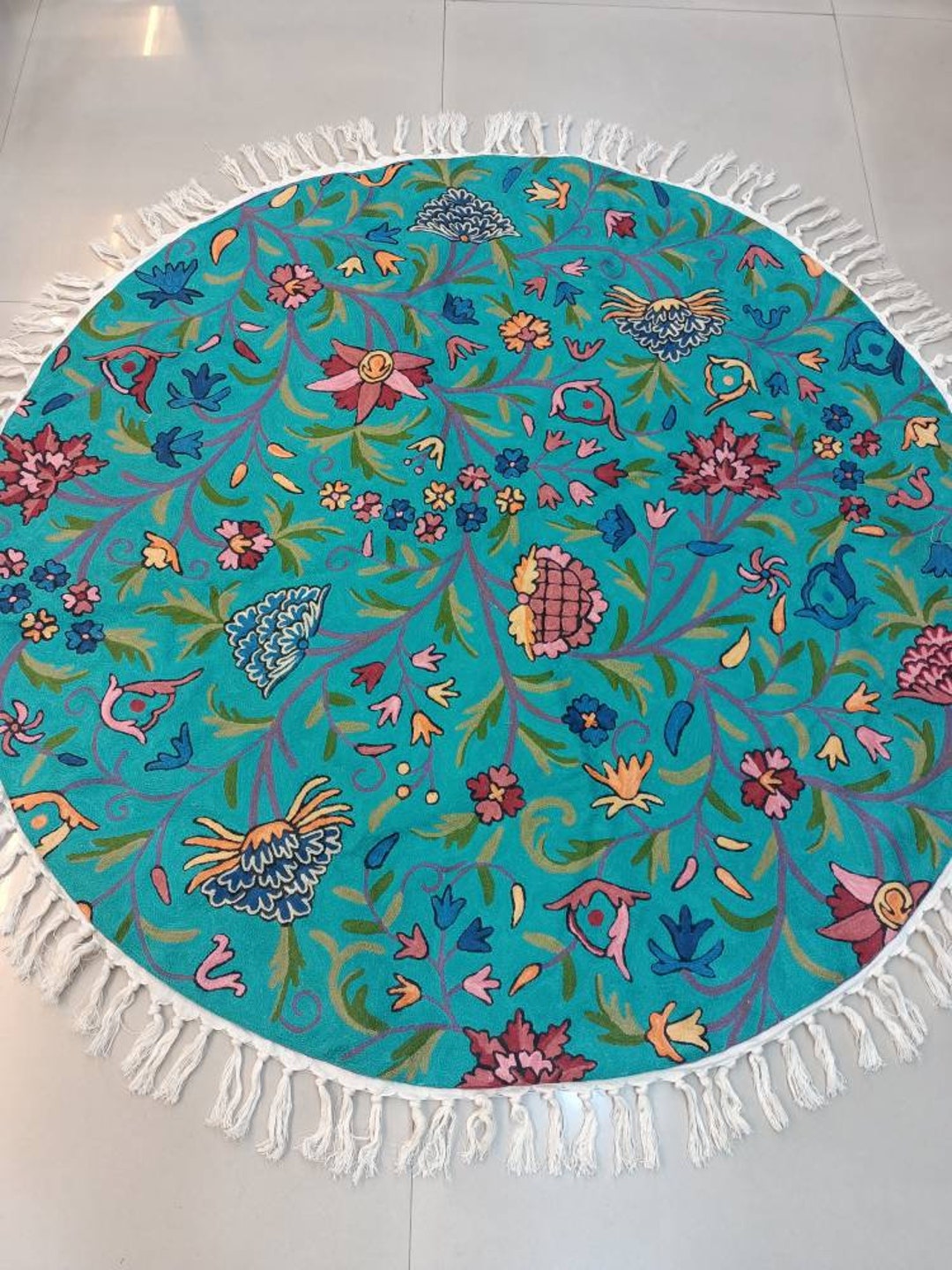 Round Wool Rug Floral Tapestry Rug Handmade Kashmir Rug Etsy