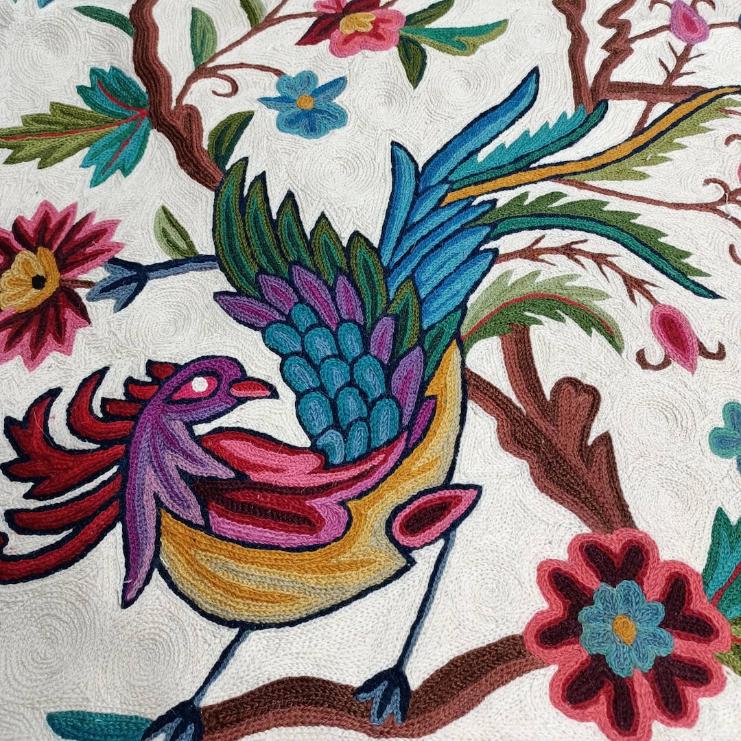 Handmade Crewel Rug | 4x6 Kashmiri Wool Tapestry, Peacock Floral Design ...