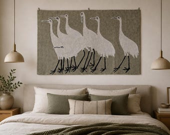 Handmade Crane Wall Tapestry Rug, Minimalist Bird Wall Hanging, Wool Decorative Rug, Modern Bird Art, Nature Inspired Tapestry