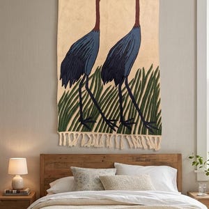 2x3 Hand Embroidered Wool Cranes Wall Hanging, Rustic Bird Tapestry, Kashmiri Chainstitch Wall Art, Home Decor