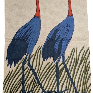 2x3 Hand Embroidered Wool Cranes Wall Hanging, Rustic Bird Tapestry, Kashmiri Chainstitch Wall Art, Home Decor