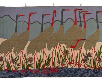 6x4 Cranes Wall Tapestry | Handmade Bird Art Wall Hanging | Embroidered Wool Rug | Chain Stitch Wall Decor | Boho Textile Art