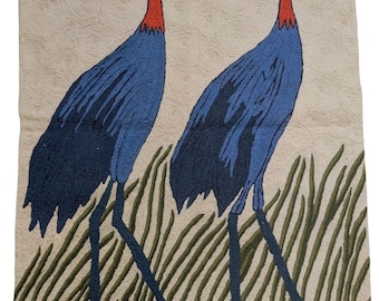 2x3 Hand Embroidered Wool Cranes Wall Hanging, Rustic Bird Tapestry, Kashmiri Chainstitch Wall Art, Home Decor