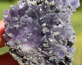 May include: A close-up of a natural mineral specimen. The specimen features a cluster of purple, crystalline structures with a metallic, gray-green coating. The background is blurred, suggesting an outdoor setting.