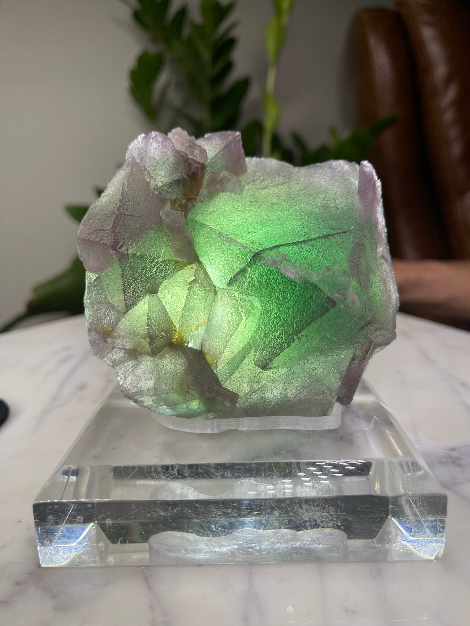 Green-purple octahedral fluorite with custom base from De’An, Jiangxi, China