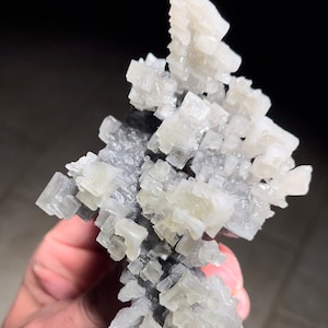 May include: A cluster of white and grey salt crystals with a cubic shape. The crystals are arranged in a random pattern, creating a unique and interesting display.
