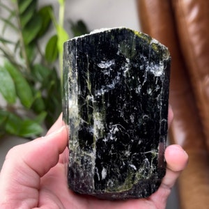 May include: A dark green and black crystal with a rough, natural texture. The crystal is shaped like a rectangular prism and has a smooth, polished surface.