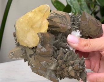 Dogtooth calcite - Yellow "Dipyramidal" Calcite & Pyrite From JiangXi Province, China.
