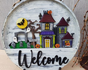 12" Welcome Halloween Haunted House Cemetery Interchangeable Sign Inserts- Halloween Haunted House Fall Pumpkin Door Hanger