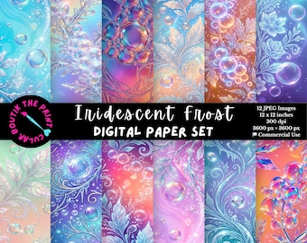 Iridescent Frost Digital Paper, Ice Crystal Backgrounds, Printable Scrapbook Paper, Junk Journal Pages