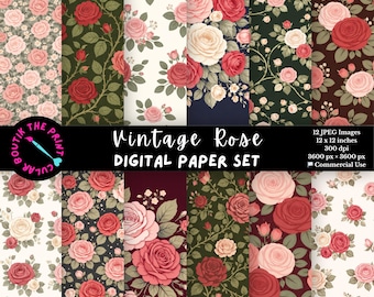 Vintage Rose Digital Papers, Shabby Chic Floral Scrapbook Paper, Printable Background JPG