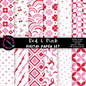 Pink Red Prints Digital Papers, Bold Color Scrapbook Paper Pack, Printable Background JPG