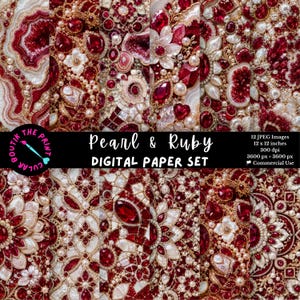 Pearl Ruby Digital Paper Set, Ornate Gemstone Backgrounds (Digital Download)