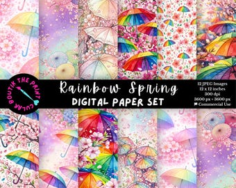 Rainbow Spring Digital Papers, Colorful Floral Scrapbook Paper, Printable Background JPG
