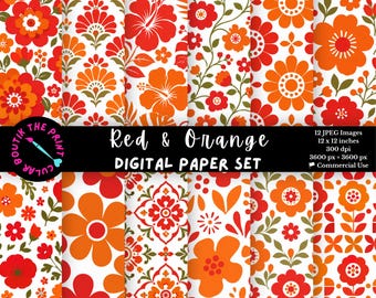 Papel digital floral retro, fondos con estampado de flores rojas y naranjas, papel imprimible para álbumes de recortes, páginas para diarios creativos, papel floral rojo