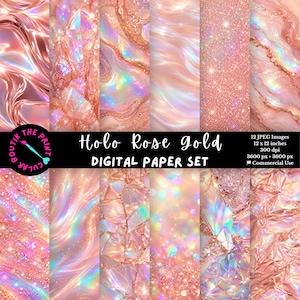 Holographic Rose Gold Luxury Digital Papers, Iridescent Metallic Scrapbook Paper Pack, Printable Background JPG