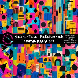 May include: A digital paper set featuring a vibrant geometric patchwork design. The artwork includes various shapes like squares, triangles, and arches in bright colors such as pink, blue, yellow, and orange. The set includes 12 JPEG images, each 12 x 12 inches.