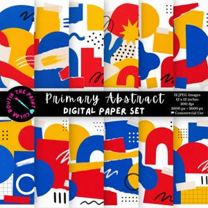 Könnte beinhalten: Ein digitales Papier-Set mit abstrakten Designs in Rot, Blau und Gelb. Die Designs umfassen geometrische Formen, zerrissene Papiereffekte und handschriftliche Elemente. Das Set enthält 12 JPEG-Bilder, jeweils 30,48 x 30,48 cm.