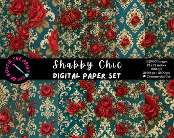 Shabby Chic Rose Digital Paper, Teal Vintage Floral Damask Patterns, Printable Scrapbook Paper, Junk Journal Pages