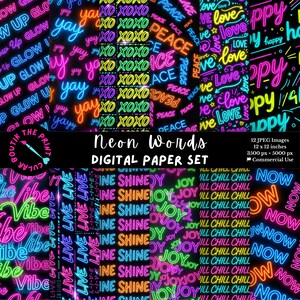 Puede incluir: Un conjunto de papeles digitales con palabras de neón en varios colores y fuentes. Las palabras incluyen "yay", "love", "peace", "shine" y "joy". El conjunto incluye 12 imágenes JPEG de 30,48 cm x 30,48 cm.