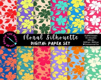 Floral Silhouette Digital Paper, Botanical Pattern Backgrounds, Printable Scrapbook Paper, Junk Journal Pages