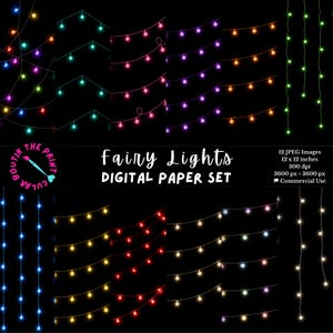 May include: A digital paper set showcasing diverse arrangements of colourful fairy lights against a black backdrop. The image displays strings of lights in various hues, such as green, pink, purple, and yellow. The text "Fairy Lights DIGITAL PAPER SET" is also visible.