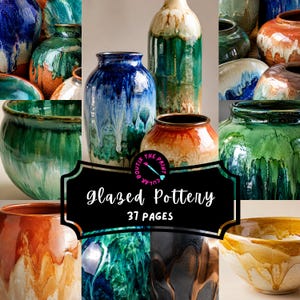 May include: A collection of ceramic vessels featuring various drip glaze patterns in shades of blue, green, orange, and cream. A black label in the center displays the text "CULAR BOUTIK THE PRINT" and "glazed Pottery 37 PAGES" in white script.