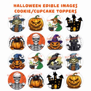 May include: A collection of Halloween-themed edible images for cookies and cupcakes. The images include a scarecrow, jack-o'-lanterns, a witch, a haunted house, a spider, a skeleton, and a black cat. The images are round and colorful.