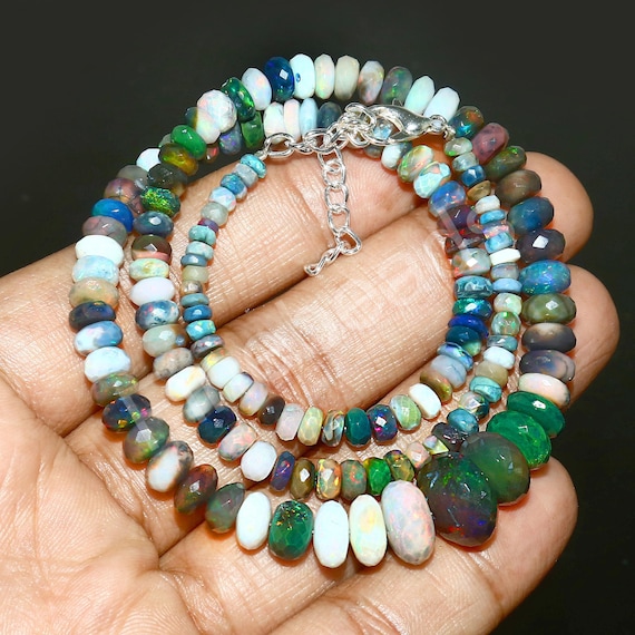 Ethiopian Opal Beaded Necklace: 925 Sterling Silver, Multi-color