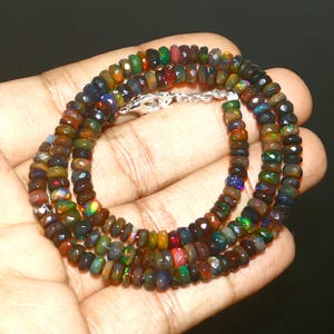 Faceted Ethiopian Opal Beaded Necklace: Natural Fire Opal, 17 Inch