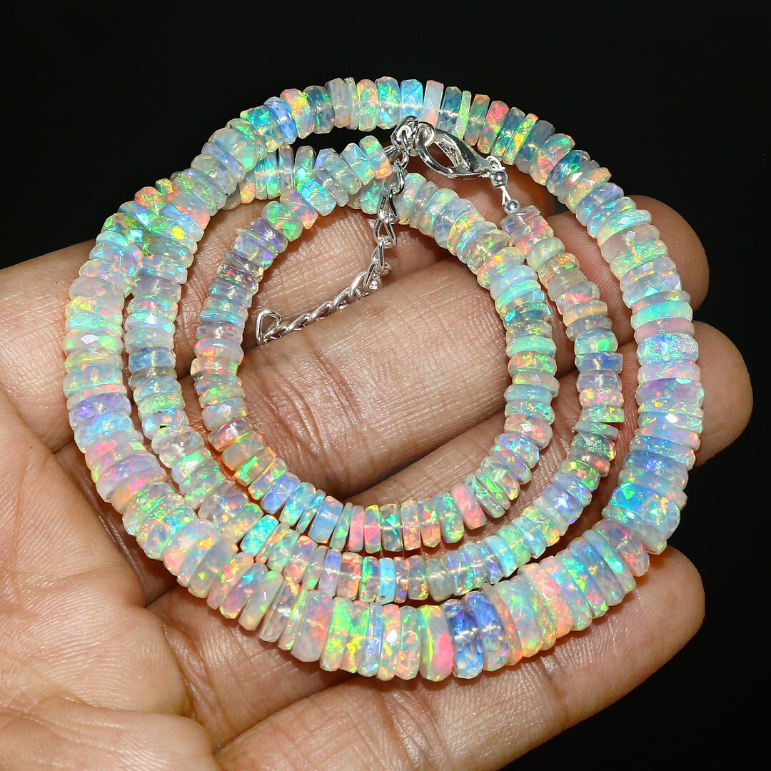 Faceted Ethiopian Opal Tyre Beads: Natural Gemstone Necklace, 17 Inch ...