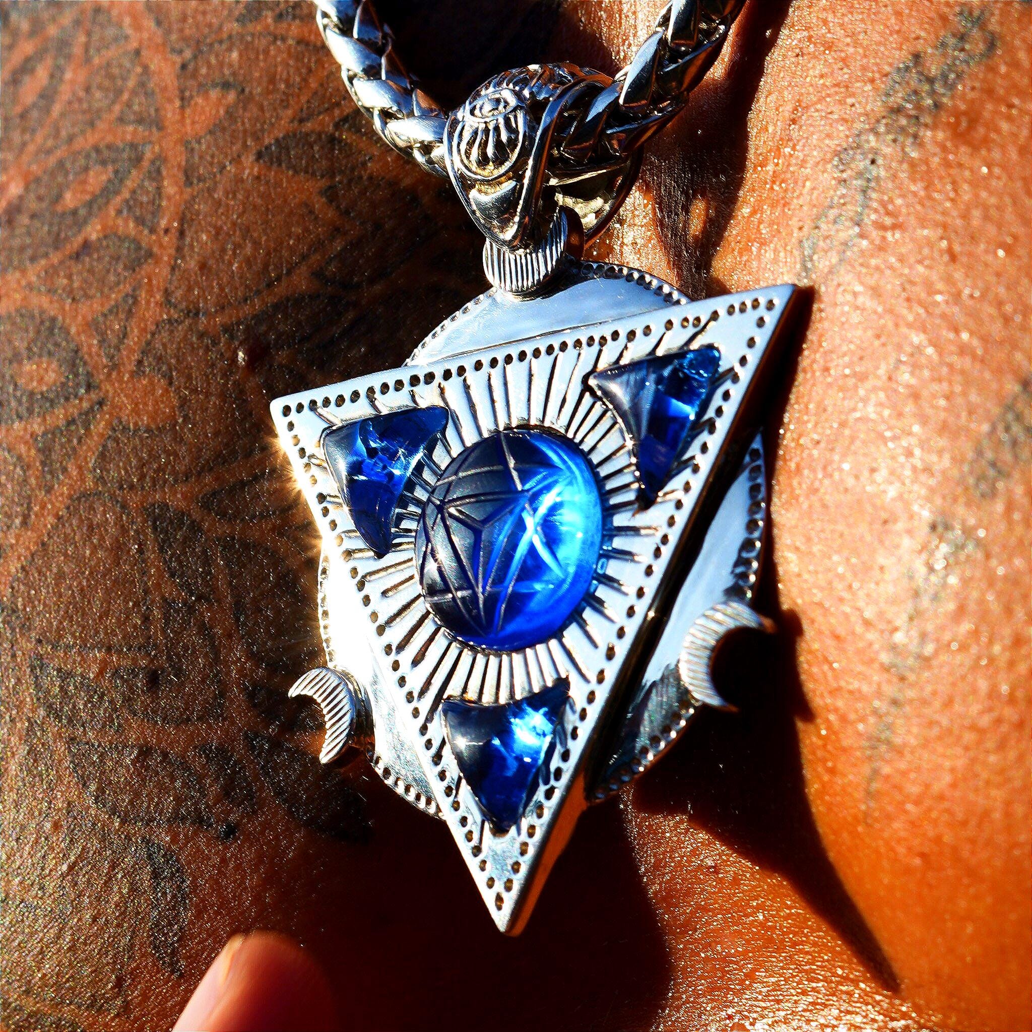 Arcturian Soul Purpose Amulet – Siberian Blue Merkaba Necklace | Light Body Activation | Sacred Geometry Pendant | White Gold Chain