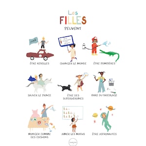 Pode incluir: Ilustração colorida mostrando meninas fazendo diferentes atividades com o texto "Les Filles Peuvent", que se traduz como "As meninas podem". As atividades incluem ser bombeiro, super-herói, estrela do rock, astronauta, gênio da matemática, salvador de príncipes, construtor e comedor desorganizado.