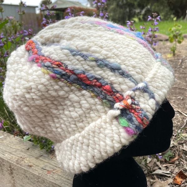 Hand Spun Bulky Wool Art Yarn Handwoven Hat