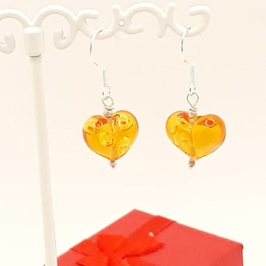Elegant Murano glass earrings, amber color and sterling silver, lampwork earrings