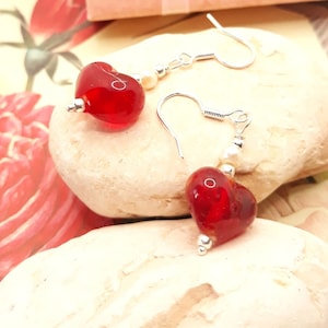 Murano Glass Earrings with Red Hearts and Freshwater Pearls