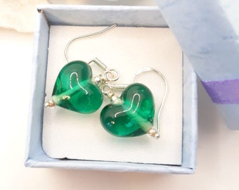 Murano glass earrings, Murano glass hearts, green glass earrings, handmade glass, glass earrings