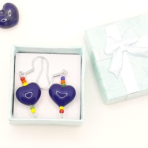 blue murano glass heart shaped earrings, lampwork