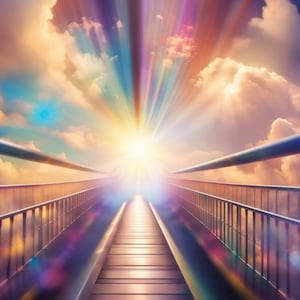 May include: An artistic rendering of a bright light emanating from the center of the image, with a bridge leading towards it. The sky is filled with clouds and colorful rays of light, creating a sense of hope and wonder. The bridge has metal railings.