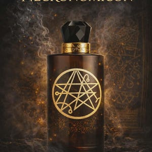 May include: A dark brown perfume bottle with a black faceted cap and gold accents. The bottle features a gold pentagram design and the text "OUDH OF THE NECRONOMICON". Below the bottle, the text reads "Charged with the Spells of the Necronomicon Occult Kollege Ritual Attar".