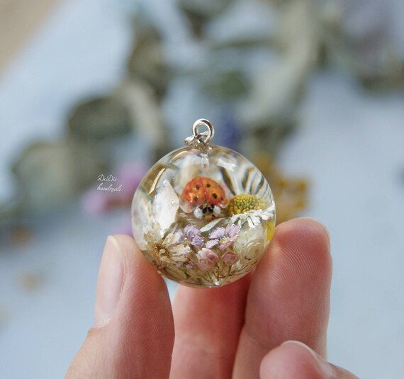 Handmade epoxy sphere pendant with real flowers Resin dried Etsy