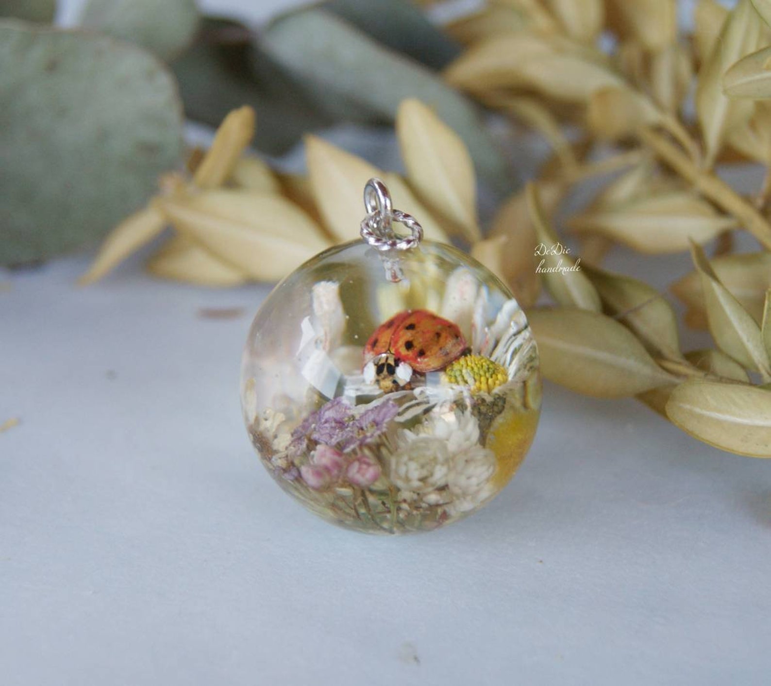 Handmade epoxy sphere pendant with real flowers Resin dried Etsy