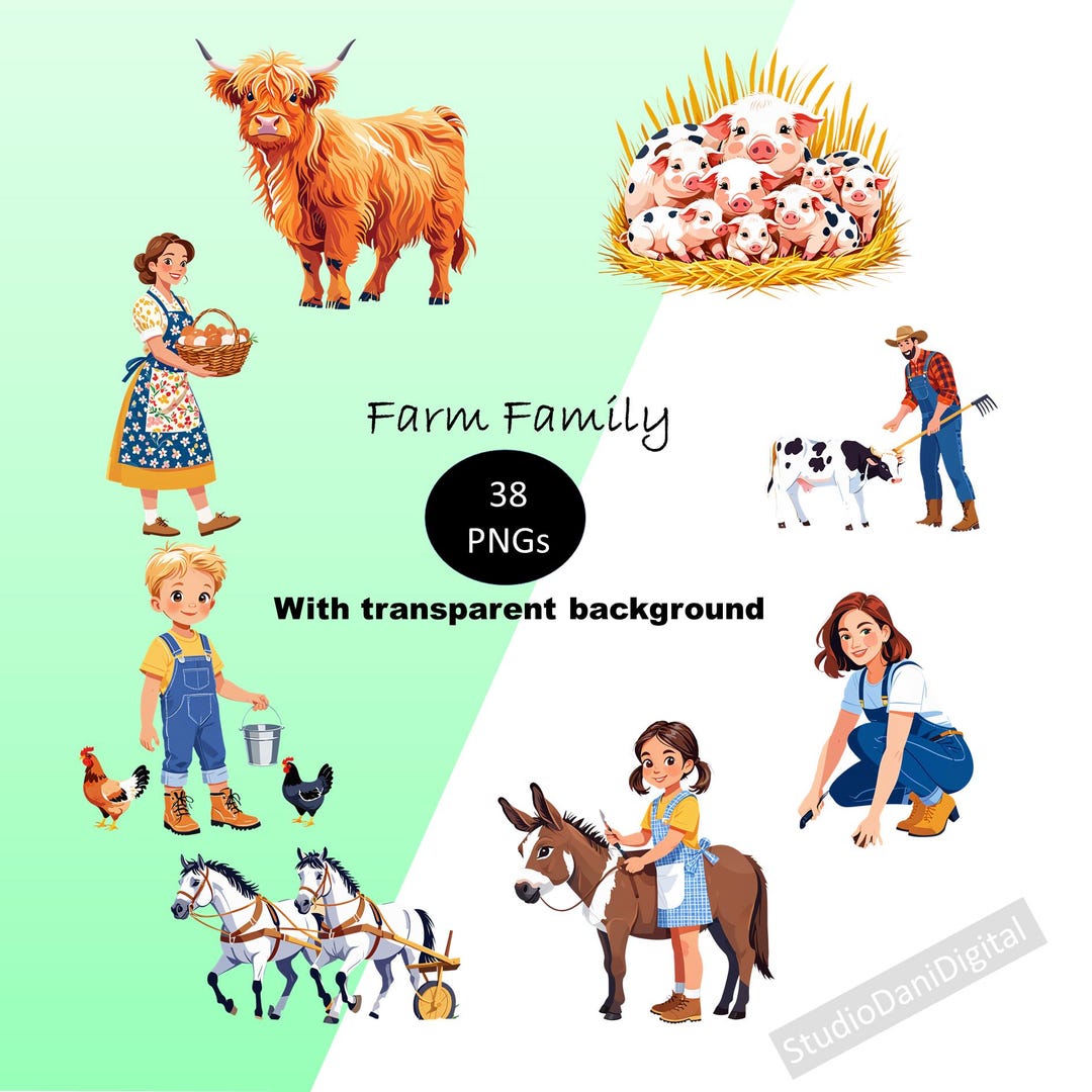 Watercolor Farm Animal Clipart Bundle, Highland Cow Pig Chicken Tractor ...