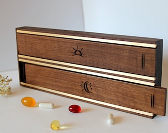 Jumbo pill box, large pill case, weekly pill case, 7 day pill organizer, 2 shot pill case, christmas gifts, vitamin case, engraved wood