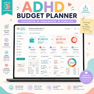 Op de afbeelding: Een digitale ADHD-budgetplanner op een laptopscherm, met een dashboard met maandelijkse budgetoverzichten, inkomsten, uitgaven, spaardoelen, schuldentrackers en een uitsplitsing van uitgaven, inclusief diverse tekst en iconen.