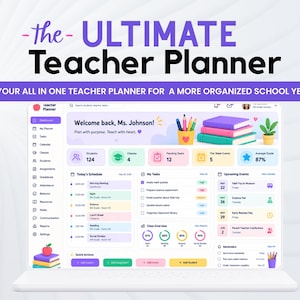 May include: A digital teacher planner interface displayed on a laptop screen. The dashboard features a sidebar menu, a welcome message for Ms. Johnson, and sections for student counts, class schedules, tasks, and upcoming events with colorful icons.