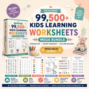 Puede incluir: Anuncio de un mega paquete de más de 99.500 hojas de trabajo para niños. La imagen muestra diversas actividades educativas, incluyendo tablas de alfabeto, trazado de números y coloreado de animales. También se incluye un oso de peluche y lápices.