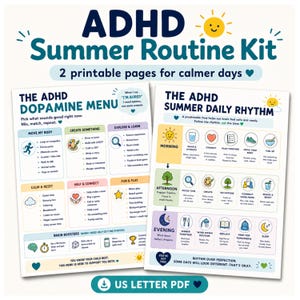 Könnte beinhalten: Zwei druckbare Seiten mit dem Titel ADHD Summer Routine Kit, bestehend aus The ADHD Dopamine Menu und The ADHD Summer Daily Rhythm. Die Dokumente enthalten farbige Symbole, Textlisten für tägliche Aktivitäten sowie Zeitpläne.