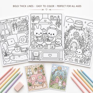 May include: A collection of coloring books with whimsical illustrations, including scenes of a kitchen with animal chefs, a living room, and a fairy house. The text "BOLD THICK LINES &bull; EASY TO COLOR &bull; PERFECT FOR ALL AGES" is displayed at the top. Colored pencils and an eraser are also present.